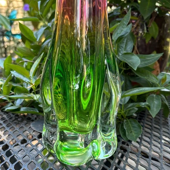 1950's 16" Pink and Green Glass Art Vase - Picture 2 of 9